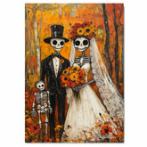 Skeleton Wedding Family in Autumn Forest – Día de los Muertos Folk Art with Bright Floral Accents on Ready to Hang 1.5" Thick Canvas Wrap, Floating Framed Canvas, Flat Rolled Canvas